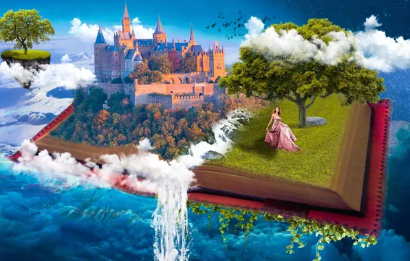 Картинка арт, открытая книга, принцесса, рай, голубой фон, вселенная, дерево, вода, девушка, небесный, мироздание, облака, водопад, …