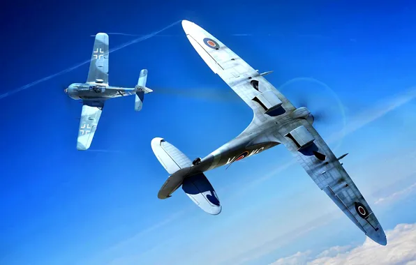 Картинка Вторая Мировая война, Воздушный бой, поршневой истребитель, Spitfire Mk.IX, Fw-190A-8