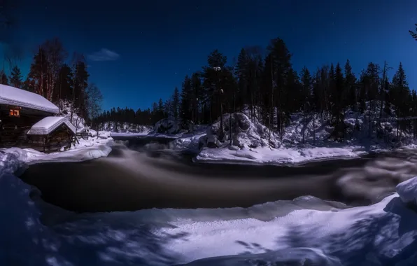 Холод, ночь, река, moonlight, Myllykoski rapids