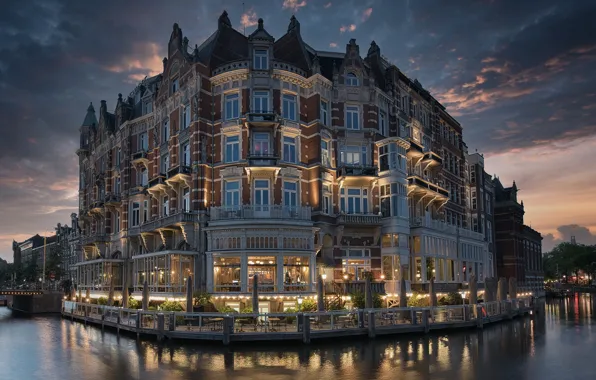 Небо, река, вечер, Амстердам, канал, отель, Нидерланды, Hotel De L'Europ