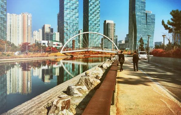 Car, skyline, sky, bridge, South Korea, water, people, reflection