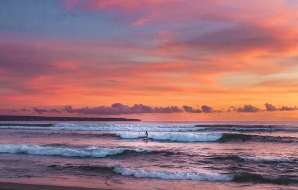 Waves, beach, twilight, sunset, seascape, surfing, dusk, seaside