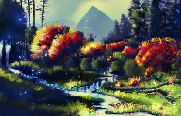 Картинка осень, деревья, река, арт, нарисованный пейзаж