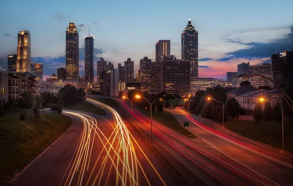 Картинка ночь, город, трасса, дома, Atlanta Skyline