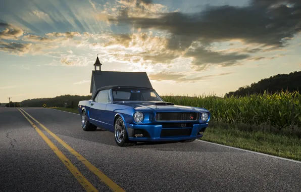 Mustang, Ford, Ford Mustang, Blue, Front, 1965, Road, Convertible