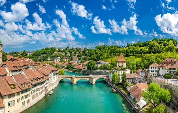 Облака, деревья, мост, река, здания, дома, Швейцария, панорама