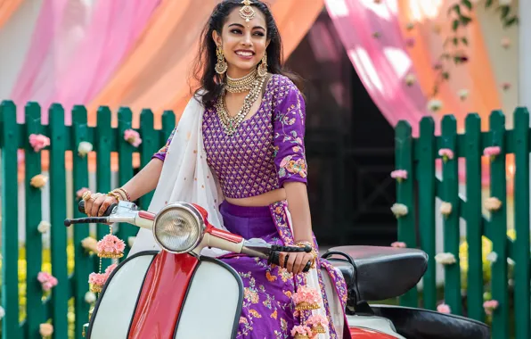 Girl, model, beauty, indian, scooter, traditional dress