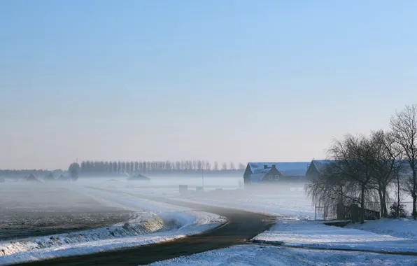 Картинка зима, дорога, поле, туман