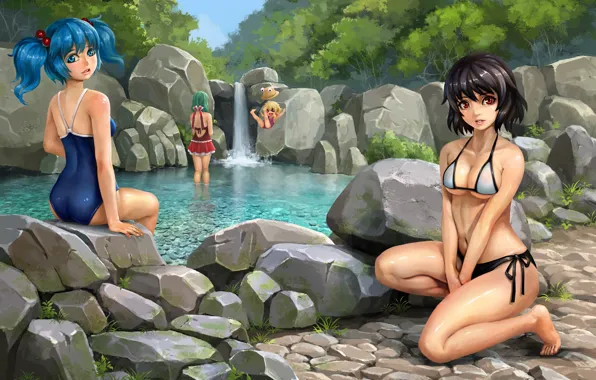 Kawaii, girl, ass, touhou, boobs, breast, anime, waterfall