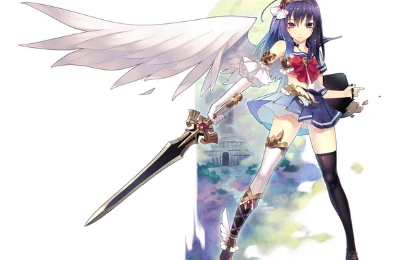 Картинка девушка, улыбка, оружие, крылья, ангел, меч, арт, школьница