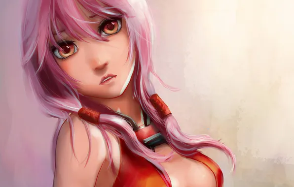 Картинка взгляд, девушка, розовые волосы, Inori Yuzuriha, Guilty Crown, простой фон