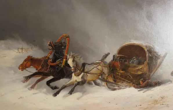 Зима, лошади, картины, живопись, АGreshnov, Павловск