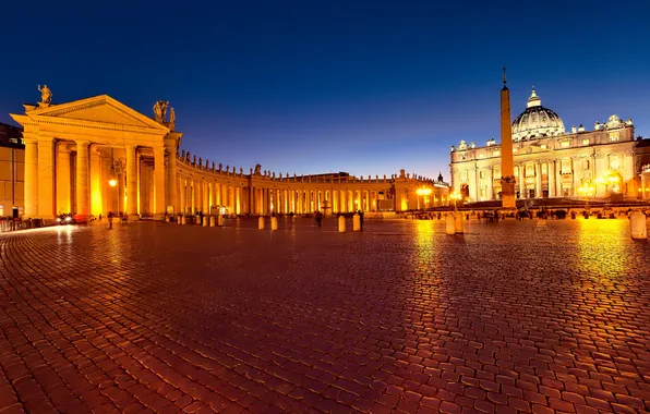 Картинка ночь, огни, площадь, Рим, Италия, Ватикан, собор Святого Петра