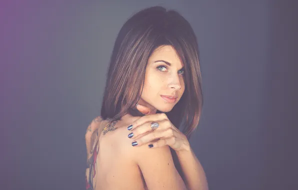 Woman, lips, ring, hair, hand, back, shoulder, tatto