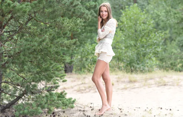 Shorts, hot girl, trees, brown hair, nature, model, trail, greenery