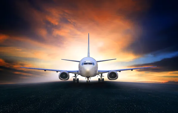 Картинка небо, самолет, зарево, взлетная полоса, пассажирский