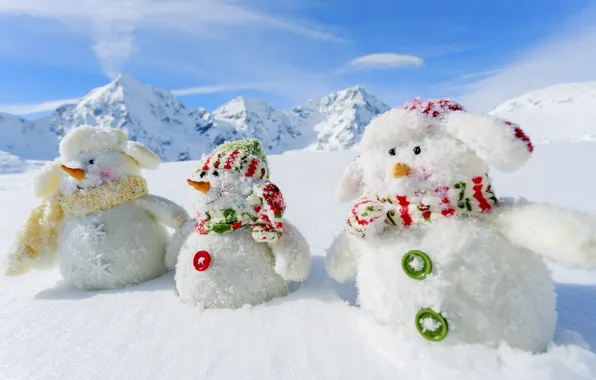 Зима, снег, горы, природа, новый год, снеговики, White snowmans, 2015