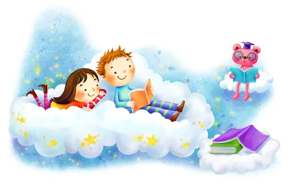 Картинка фантазия, рисунок, звёзды, мальчик, облако, девочка, книжки, улыбки