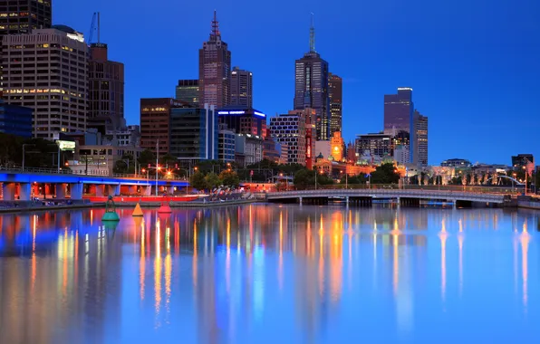 Картинка city, дома, вечер, мосты, высотки, Australia, деревья., melbourne