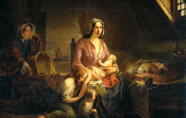 Масло, картина, холст, Богатая Дама Посещает Бедную Семью, Герардус Терлаак