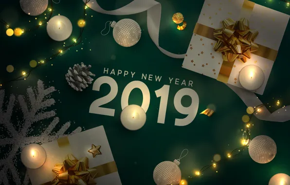 Картинка праздник, шары, свечи, цифры, подарки, Новый год, декор, 2019