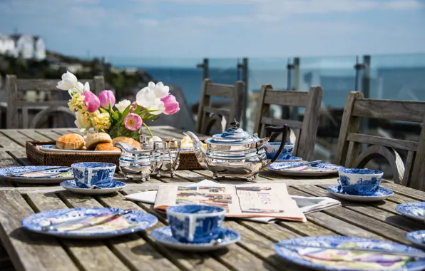 Цветы, чай, завтрак, газеты, булочки, terrace, Cornwall, lunch