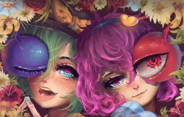Лицо, ресницы, цветочки, art, большие глаза, Touhou Project, Komeiji Satori, Проект Восток