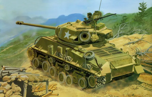 Арт, танк, стрельбы, средний, Sherman, качестве, используется, позициям.