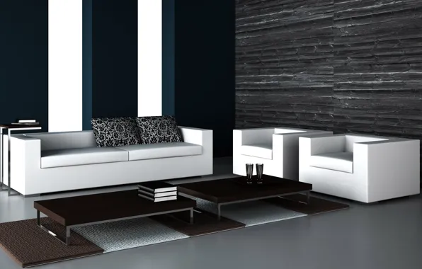 Картинка дизайн, диван, кресла, столик, черно-белый интерьер