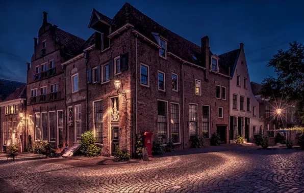 Улица, дома, вечер, фонари, Нидерланды, Deventer, ошни
