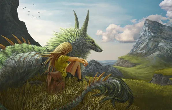 Картинка girl, grass, fantasy, Dragon, sky, trees, sea, landscape