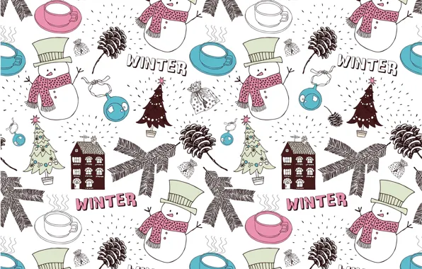 Картинка зима, дом, новый год, шар, рождество, чашка, снеговик, ёлка