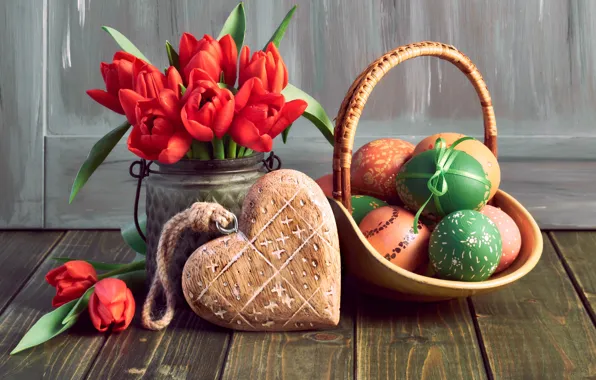 Картинка цветы, яйца, весна, Пасха, тюльпаны, red, love, happy