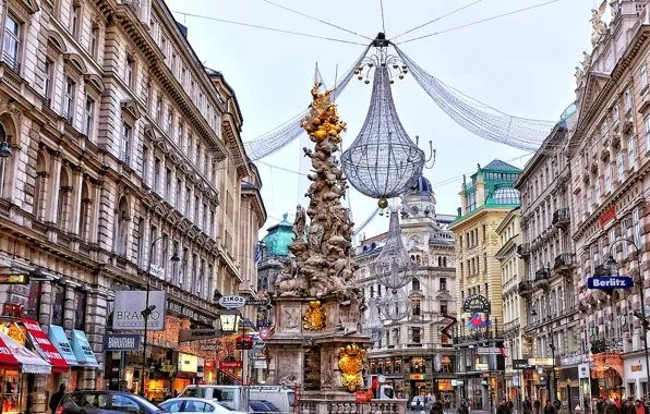 Улица, дома, Австрия, люстра, Вена, чумная колонна