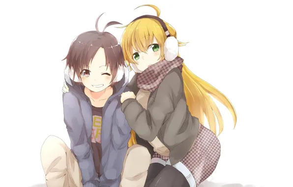 Картинка улыбка, настроение, аниме, наушники, арт, девочка, парень