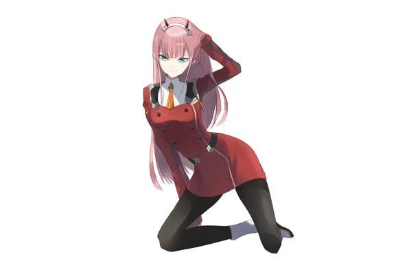 Девушка, поза, аниме, арт, белый фон, рожки, 002, Darling In The Frankxx