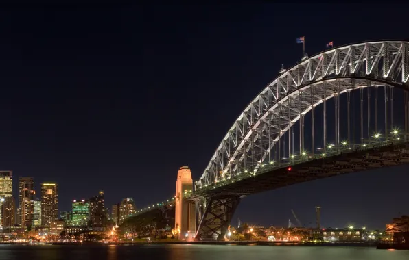 Ночь, мост, огни, сидней, залив, австралия, bridge, harbour