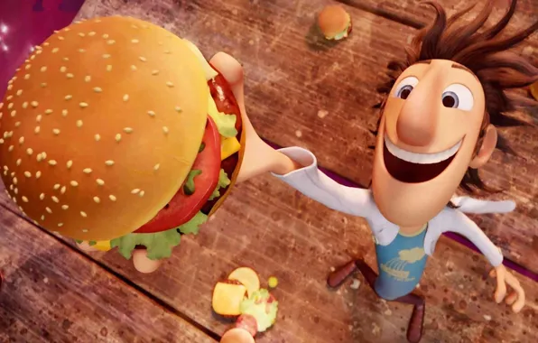 Картинка мультфильм, гамбургер, ученый, Cloudy with a Chance of Meatballs