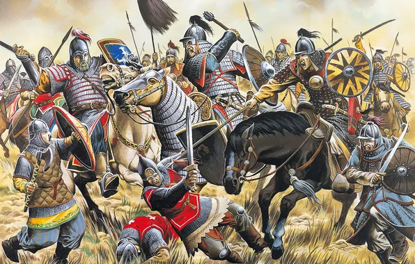 Солдаты, Лошади, Битва, Воины, Арт, Русские, Battle of Kalka River, Монголы