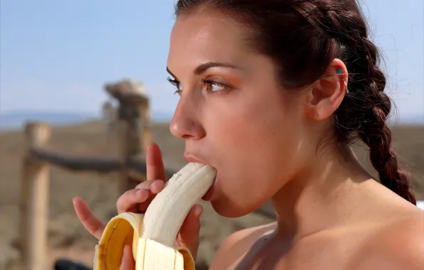 Model, banana, brunette, erotic, gorgeous, photoshoot, posing, braids