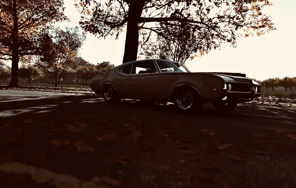 HDR, Autumn, Street, Game, Oldsmobile, Muscle Car, Trees, Leaves