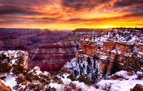 Картинка небо, облака, снег, закат, каньон, сша, аризона, Grand Canyon