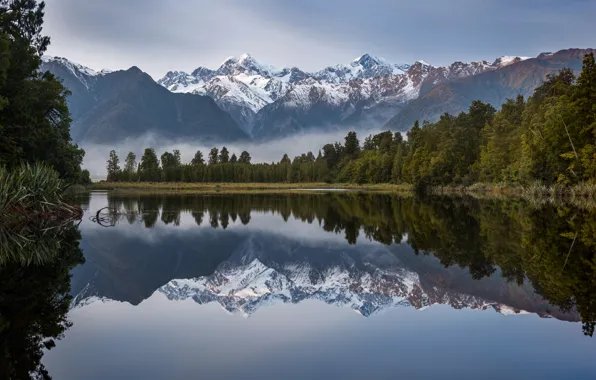 Картинка лес, горы, озеро, отражение, Новая Зеландия, New Zealand, Lake Matheson, Южные Альпы