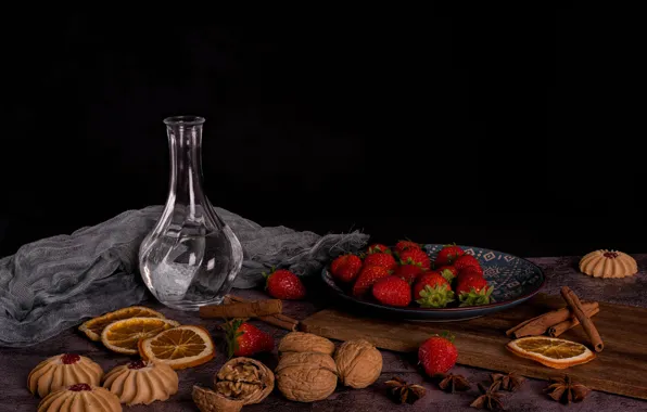 Стекло, вода, ягоды, стол, печенье, клубника, тарелка, ткань
