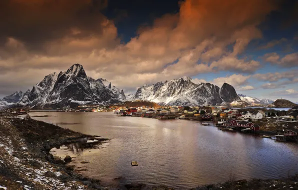 Картинка зима, горы, Норвегия, залив, поселок