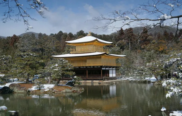 Картинка зима, снег, деревья, озеро, дом, япония, весна