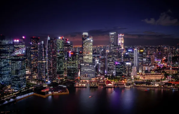 Картинка city, lights, coast, water, blur, Singapore, buildings, architecture