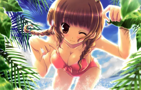 Girl, grass, sexy, cleavage, river, sky, long hair, trees