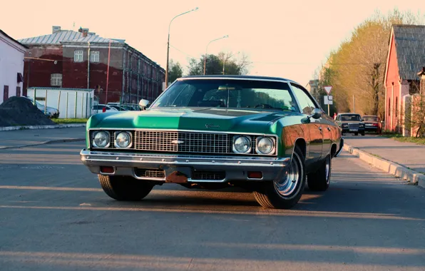 Дома, Дорога, Город, Chevrolet, Impala 1973