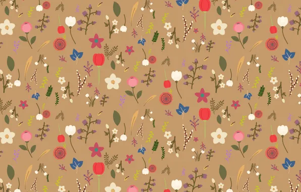Цветы, фон, листочки, pattern, Floral, корчневый